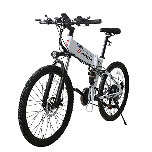 Bicicletas eléctrica : KAISDA K1 Bicicleta Eléctrica Plegable de 26 Pulgadas 500W con Batería Extraíble, 48V 10.4 Ah con Faros Superbrillantes, Bicicleta de Montaña Eléctrica Shimano de 21 velocidades con LCD (Blanco)