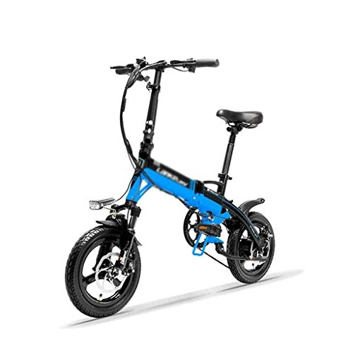 Bicicletas eléctrica : LUO Bicicleta Eléctrica Mini Bicicleta Plegable Portátil E, Bicicleta Eléctrica de 14 Pulgadas, Motor 36V 350W, Llanta de Aleación de Magnesio, Horquilla de Suspensión, Azul Negro