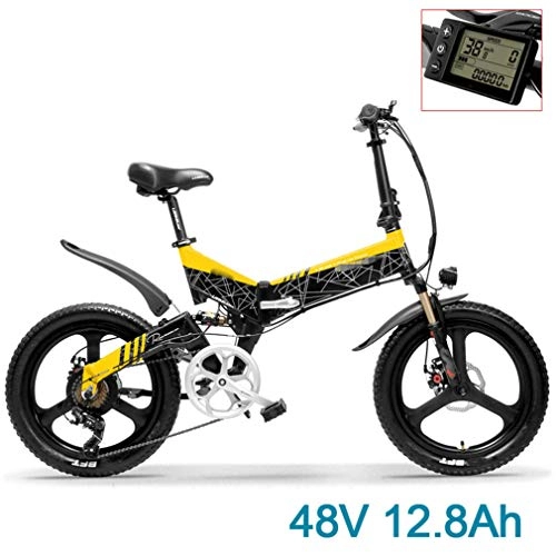 Bicicletas eléctrica : NYPB 20"" Bicicleta Elctrica de Montaa, 400W Motor Bicicleta Plegable Batera 48V 10.4Ah / 12.8AH Transmisin de 7 Velocidades Amortiguadores de Choque Completos, Black Yellow, 48V 12.8AH