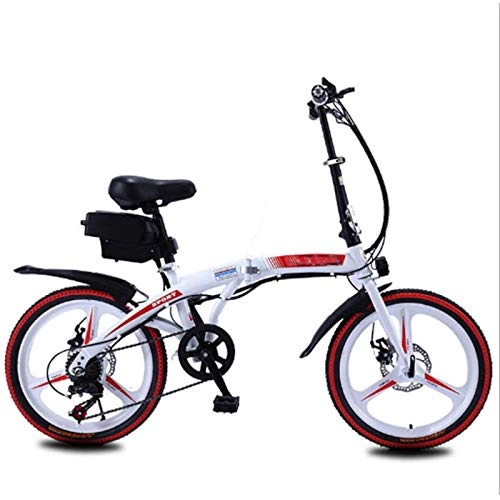 Bicicletas eléctrica : NYPB Bicicleta eléctrica Plegable para Adultos, Urbana de 20'' Ebike Motor sin escobillas de 250 W Batería de Litio extraíble Engranaje de 7 velocidades Freno de Disco Doble Unisex (White Red 8A)