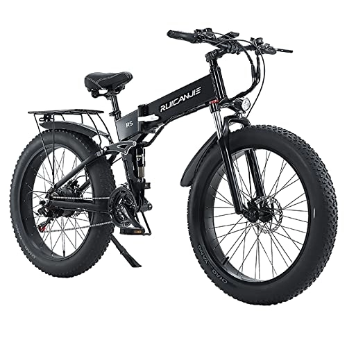 Bicicletas eléctrica : R5 Bicicleta Eléctrica Plegable de 26 Pulgadas, 48 V / 12, 8 Ah, Batería Desmontable, Shimano 21 Velocidades, Freno Hidráulico, Adecuado para Estatura 165 – 190 cm, Cambio Automático. E-Bike (Negro)