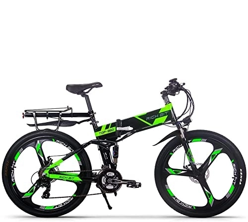 Bicicletas eléctrica : Rich BIT TOP-860 36V 12.8Ah Suspensión Completa Bicicleta de Ciudad Plegable Bicicleta de montaña eléctrica Plegable (Black-Green)