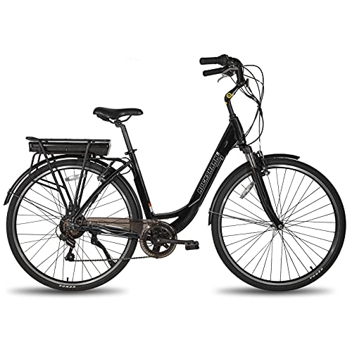 Bicicletas eléctrica : Rockshark - Bicicleta eléctrica de aluminio 700C, 7 velocidades, con batería de 36 V y 10, 4 Ah, marco negro