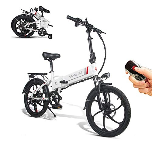Bicicletas eléctrica : SAMEBIKE Bicicleta eléctrica 48V 10.4AH Batería de Litio con Control Remoto Bicicleta eléctrica Plegable para Adultos (Blanco)