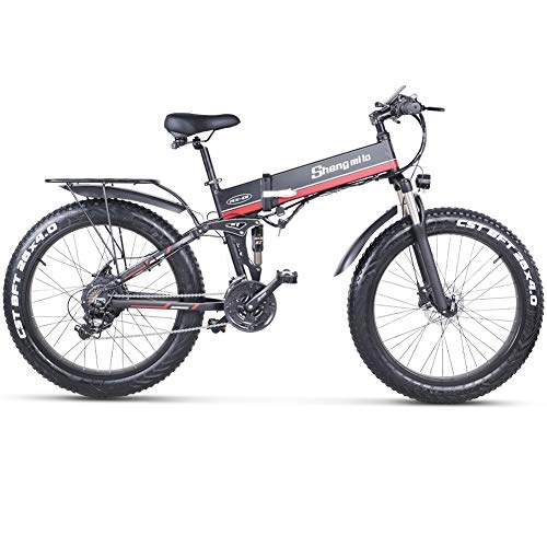 Bicicletas eléctrica : Sheng mi lo Bicicleta eléctrica 48V 1000W para Hombre Montaña Ebike 21 velocidades, 26 Pulgadas neumático Gordo Bicicleta de Carretera Pedales de Bicicleta de Nieve con Freno de Disco