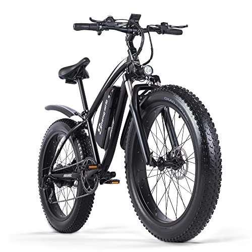 Bicicletas eléctrica : Shengmilo-MX02S Bicicleta eléctrica de 26x4“, bicicleta de montaña de 7 velocidades, bicicleta de asistencia de pedal, batería de litio extraíble de 48V / 17Ah, doble freno de disco hidráulico (negro)
