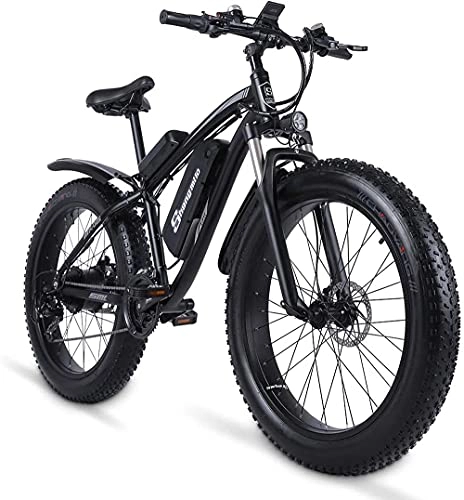 Bicicletas eléctrica : Shengmilo MX02S Bicicleta eléctrica de gran alcance de 26 pulgadas con neumáticos de grasa de 1000 W, 48 V / 17 Ah, eBike ciclomotor, Ebike acelerador y asistencia de pedal (negro, batería de repuesto)