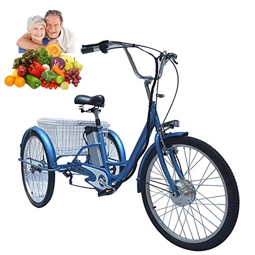 Bicicletas eléctrica : Triciclo para Adultos Bicicleta eléctrica de 3 Ruedas para Damas Bicicleta eléctrica de 24 '' con Carrito Trasero Canasta Canasta de Alimentos Salida de Compras Regalo para Padres Mano de Obra