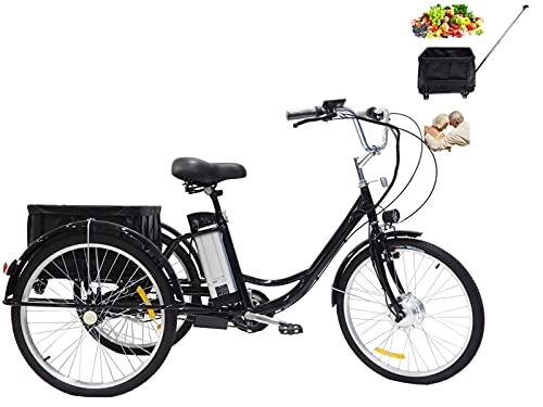 Bicicletas eléctrica : Triciclo para Adultos de 24 Pulgadas con batería de Litio de 3 Ruedas asistida por energía eléctrica Anciano con Canasta Trasera (extraíble con polea) Regalo para Padres 350w36V12AH