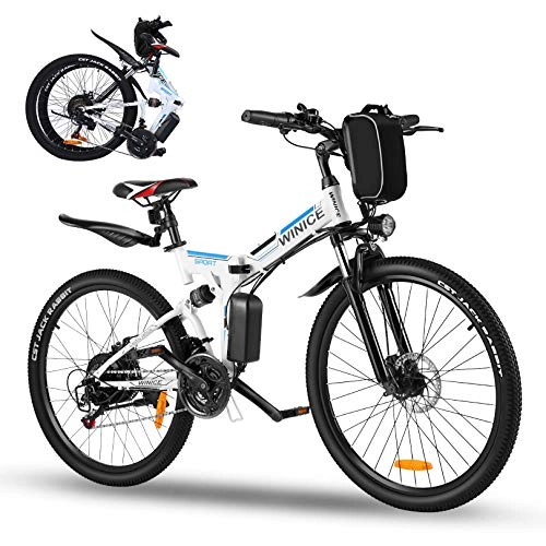 Bicicletas eléctrica : Vivi Bicicleta eléctrica Plegable de 26"para Adultos, Bicicleta de montaña eléctrica de 250 W, batería extraíble de 36 V 8 Ah, Bicicleta eléctrica Shimano de 21 velocidades (Blanco Azul)