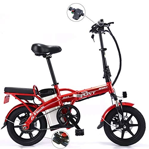 Bicicletas eléctrica : W&TT Plegable Bicicleta elctrica 14 Pulgadas Adultos Doble Disco Frenos City Commuter Bike 250W 48V extrable batera de Litio E-Bike con Velocidad mxima 25km / h, Red, 10A