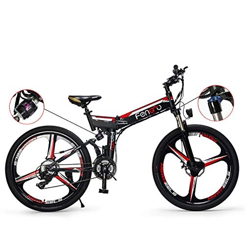 Bicicletas eléctrica : W&TT Shimano 24 Velocidad Bicicleta de montaña de Doble Disco Frenos y Amortiguador Tenedor Off-Road Bicicleta Adulto 26 Pulgadas Plegable E-Bike con 48V 250W batera de Litio Oculta, Black