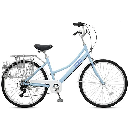 Paseo : Bicicleta de crucero, con cuadros de aluminio de estilo retro espeso, transmisión de 7 velocidades, guardabarros delantero y trasero, cremallera trasera, cesta plegable y ruedas de 26 pulgadas, Azul
