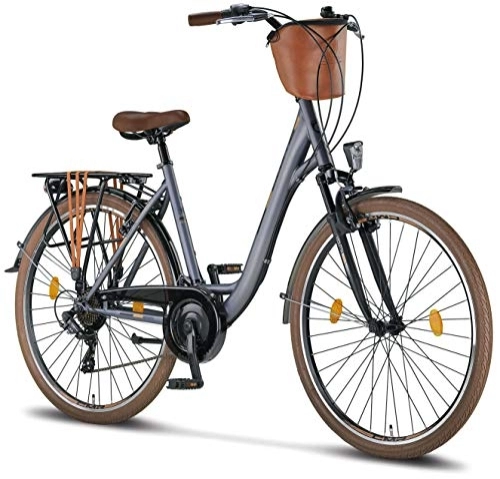 Paseo : Licorne Bike Bicicleta de ciudad prémium de 24, 26 y 28 pulgadas, para niños, hombres y mujeres, 21 velocidades, bicicleta holandesa, Violetta, antracita