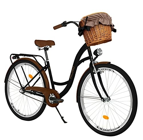 Paseo : Milord Bikes Bicicleta de Confort Negro y marrón de 3 Velocidad y 28 Pulgadas con Cesta y Soporte Trasero, Bicicleta Holandesa, Bicicleta para Mujer, Bicicleta Urbana, Retro, Vintage