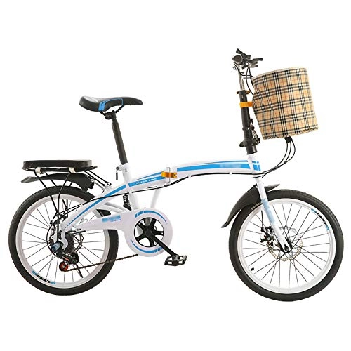 Plegables : 20 Pulgadas Bicicleta Plegable para Adultos 6 Velocidades Bicicleta De Montaa con Doble Freno De Disco Cesta Ligero Planchar Cuadro, Bicicleta Plegable con Antideslizante Y Neumtico, Azul