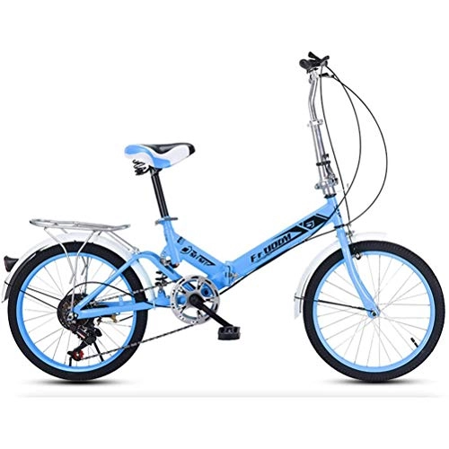 Plegables : 20 Pulgadas Plegable Bicicleta, Velocidad Variable Adulto Acero De Alto Carbono Plegado Bicicleta Absorción De Impacto 7 Velocidades Bicicleta De Ciudad Con Frenos En V Delanteros Y Traseros, Azul