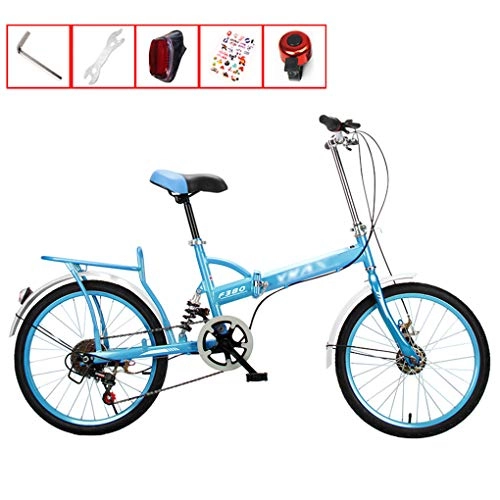 Plegables : AOHMG 16'' Bicicleta Plegable, 7- Velocidades Marco de Acero Ligero Unisexe Compacto Plegable de cercanías de la Ciudad de Bicicletas, con Las defensas / Parrilla Trasera, Blue