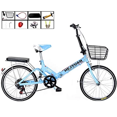 Plegables : AOHMG 20'' Bicicleta Plegable para Adultos de Peso Ligero, 7- Velocidades Marco de Acero Ligero Plegable del Viajero Unisexe Ciudad de la Bicicleta, con el neumático Resistente al Desgaste, Blue