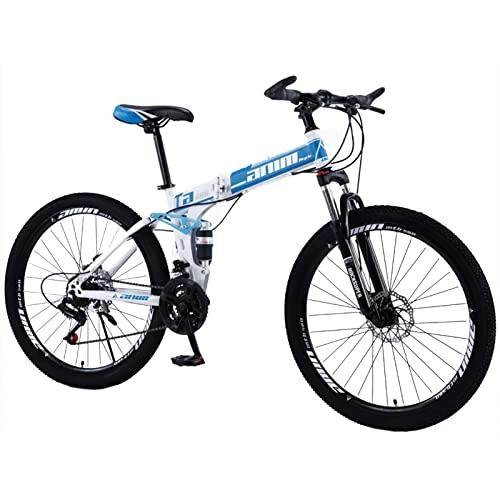 Plegables : AZXV Adultos Plegables de la Bicicleta de montaña de la Bicicleta de montaña de la Bicicleta MTB de Acero de Alto Carbono, 21 / 24 / 27 / 30 Velocidad, Ruedas de 26 Pulgadas, f White blue-21