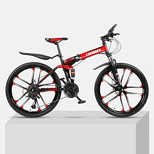Plegables : Bicicleta de montaña 24 Pulgadas con una Rueda Plegable de Acero al Carbono con Marco Doble Frenos de Disco Estudiante Unisex Bicicleta de montaña al Aire Libre-Rojo_21 velocidades