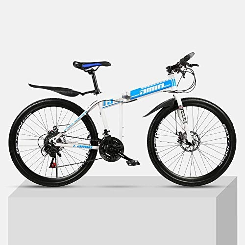 Plegables : Bicicleta de montaña 24 Pulgadas Plegable de Acero de Alto Carbono Marco Doble Frenos de Disco Estudiante Unisex Bicicleta de montaña-Azul_24 velocidades