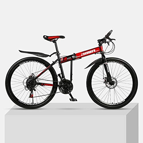 Plegables : Bicicleta de montaña 24 Pulgadas Plegable de Acero de Alto Carbono Marco Doble Frenos de Disco Estudiante Unisex Bicicleta de montaña-Rojo_24 velocidades