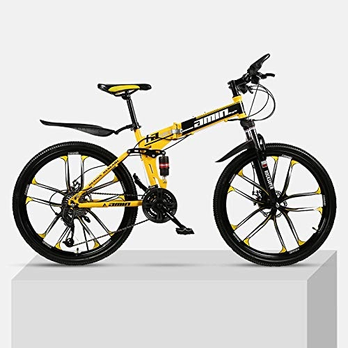 Plegables : Bicicleta de montaña de 26 Pulgadas con una Rueda Plegable de Acero de Alto Carbono Marco Doble Frenos de Disco Estudiante Unisex Bicicleta de montaña al Aire Libre-Amarillo_24 velocidades