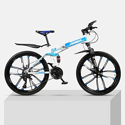 Plegables : Bicicleta de montaña de 26 Pulgadas con una Rueda Plegable de Acero de Alto Carbono Marco Doble Frenos de Disco Estudiante Unisex Bicicleta de montaña al Aire Libre-Azul_21 velocidades