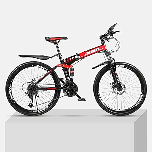 Plegables : Bicicleta de montaña Marco de acero de alto carbono plegable de 24 pulgadas con absorcin de impactos doble velocidad variable para hombres y mujeres bicicleta todoterreno-Rojo_21 velocidades