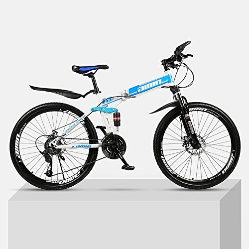 Plegables : Bicicleta de montaña Marco de acero de alto carbono plegable de 26 pulgadas con absorcin de impactos doble velocidad variable para hombres y mujeres bicicleta todoterreno-Azul_21 velocidades