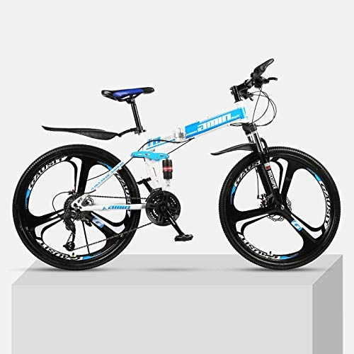 Plegables : Bicicleta de montaña Marco de acero de alto carbono plegable de una rueda de 26 pulgadas con doble velocidad de amortiguacin para hombres y mujeres bicicleta todoterreno-Azul_30 velocidades