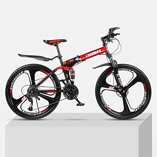 Plegables : Bicicleta de montaña Marco de acero de alto carbono plegable de una rueda de 26 pulgadas con doble velocidad de amortiguacin para hombres y mujeres bicicleta todoterreno-Rojo_21 velocidades