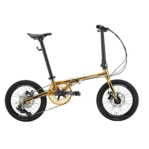 Plegables : EASSEN Bicicleta Plegable de 16 Pulgadas Velocidad Variable Ultra portátil 9 Velocidad de Acero Frenos de Disco Doble, suspensión Delantera Antideslizante Amortiguador Fron Gold
