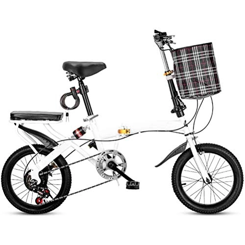 Plegables : GOLDGOD 16 Pulgadas Plegable Bicicleta con Cesta Velocidad Variable Plegado Bicicleta Absorción De Impacto Y Estantes Reforzados Bicicleta De Ciudad Adecuado para Hombres Mujeres Adolescentes, Blanco