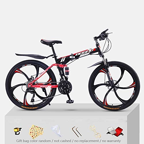 Plegables : KNFBOK bicicleta mujer paseo Bicicleta de montaña para adultos, 21 velocidades, marco de acero grueso, bicicleta plegable, 26 pulgadas, doble choque, todoterreno para niños y niñas Rueda de seis cuchillas negra y roja