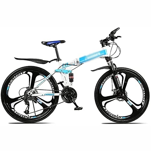 Plegables : LapooH 26 Pulgadas Bicicleta de montaña Plegable para Hombres y Mujeres 21 / 24 / 27 / 30 Velocidad Marco de Acero Antideslizante de suspensión Completa de Carbono Ligero MTB para Bicicleta, Azul, 21 Speed