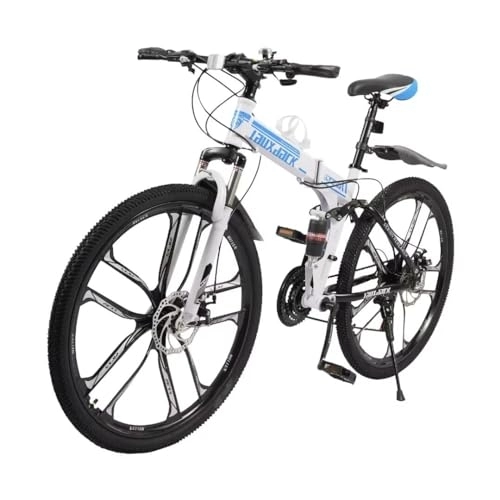 Plegables : lousriyy Bicicleta plegable de 26 pulgadas, bicicleta de montaña, 21 velocidades, frenos de disco, bicicleta plegable, altura del asiento, altura ajustable, para camping, unisex, color blanco y azul