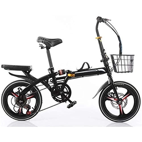 Plegables : LVTFCO Bicicleta plegable de 6 velocidades, marco de acero de alto carbono ultraligera de 16 pulgadas, bicicleta plegable con doble freno de disco para hombres y mujeres estudiantes, color negro