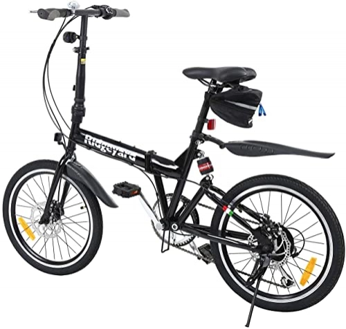 Plegables : Ridgeyard - Bicicleta plegable de 20 pulgadas con 7 marchas, para deportes al aire libre, batería LED, bolsa de sillín y timbre de bicicleta, color negro