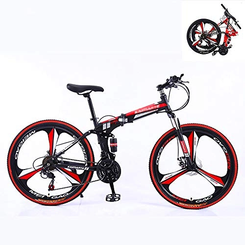 Plegables : YALIXI Bicicleta de montaña Plegable, Bicicleta de montaña para Adultos de 24 velocidades, Bicicleta de montaña con suspensin de Marco de Acero de Alto Carbono, Freno de Doble Disco, Black Red