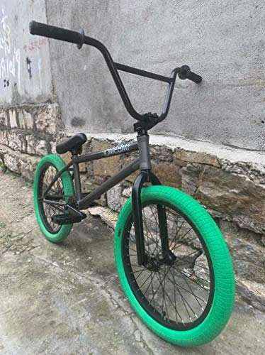 BMX Bike : SWORDlimit 20 Inch Freestyle BMX Bike, Hi-Ten Steel Frame, Single-Speed Drivetrain, Nylon Pedals, 20 X 2.3 Green Tires Mounted on Double Rims, Grey