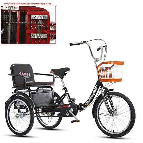 Comfort Bike : 20-inch tricycle adult 3-wheel human-powered bicycle, double chain foldable with rear seat belt, food basket, shopping outing, walking, elderly scooter, pedal, high-carbon steel frame