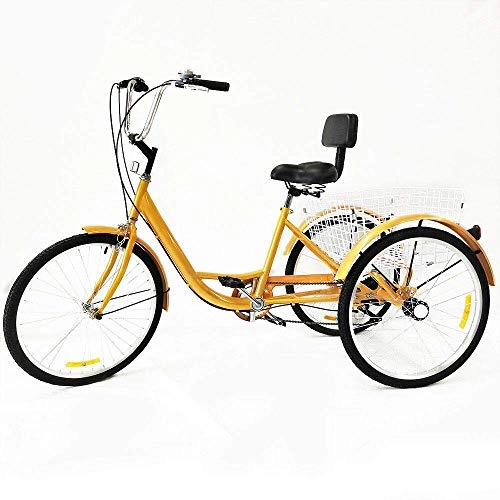 Comfort Bike : 24" Adult Tricycle Height Adjustable with Cushion, 6 Gears Yellow Bike Cruiser Aluminium with Shopping Basket 3 Wheels Bicycles Comfort for Seniors (with Bike Lights)