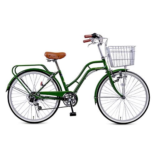 Comfort Bike : CLOUDH 24 Inch Lightweight Adult City Bicycle Shimano 6 Speed Gear Ladies City Bike with Basket Dutch Style Retro Bike for City Riding And Commuting, Olive green