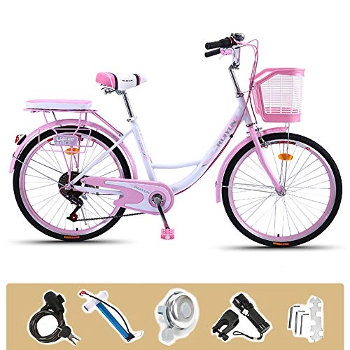 Comfort Bike : GHH 26" City bike Bicycle 6 Speed Summer bicycle Pink With Flashlight, Inflator, installation tool Basket, lock