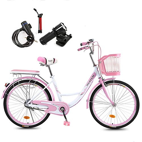 Comfort Bike : GHH Comfort City Bike, 20" 24" 26" Retro Adult Commuter Bike, Pink Women's City bike - High carbon steel frame, With Basket, Flashlight, pump, installation tool, lock, 26