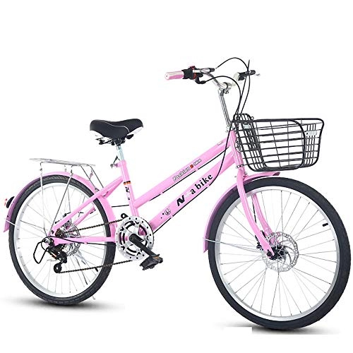 Comfort Bike : hj Double Disc Brake Bicycle, (22 / 24 Inch) Carbon Steel City Cycle Light Commuting Men And Women Push Bike Student Retro Lady Push Cycle Adult Speed Bike, Pink, 24inch