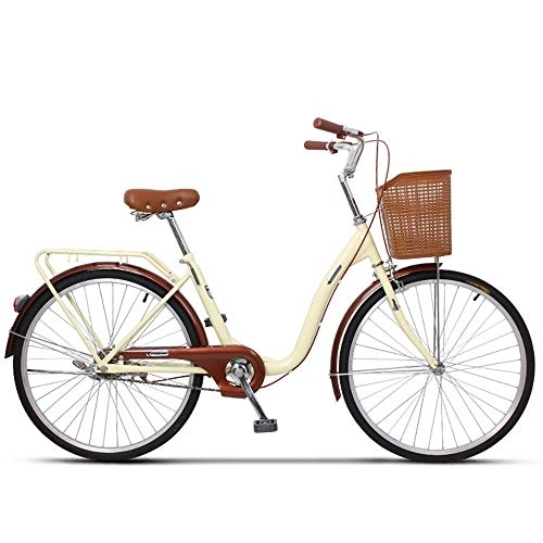 Comfort Bike : JHKGY Classic Bicycle, with Shopping Basket, for Seniors, Men Unisex, Single-Speed Carbon Steel Bike Frame, Retro Bicycle Unique Art Deco Scooter, beige, 20 inch