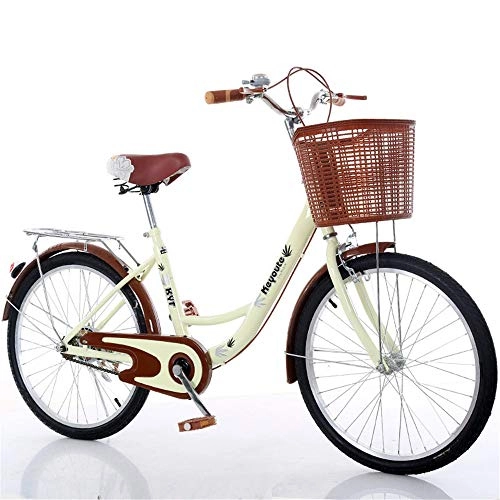 Comfort Bike : JHKGY Cruiser Bike, Comfort Commuter Bike, Carbon Steel Bike Frame, with Shopping Basket, for Seniors, Men Unisex, beige, 22 inch